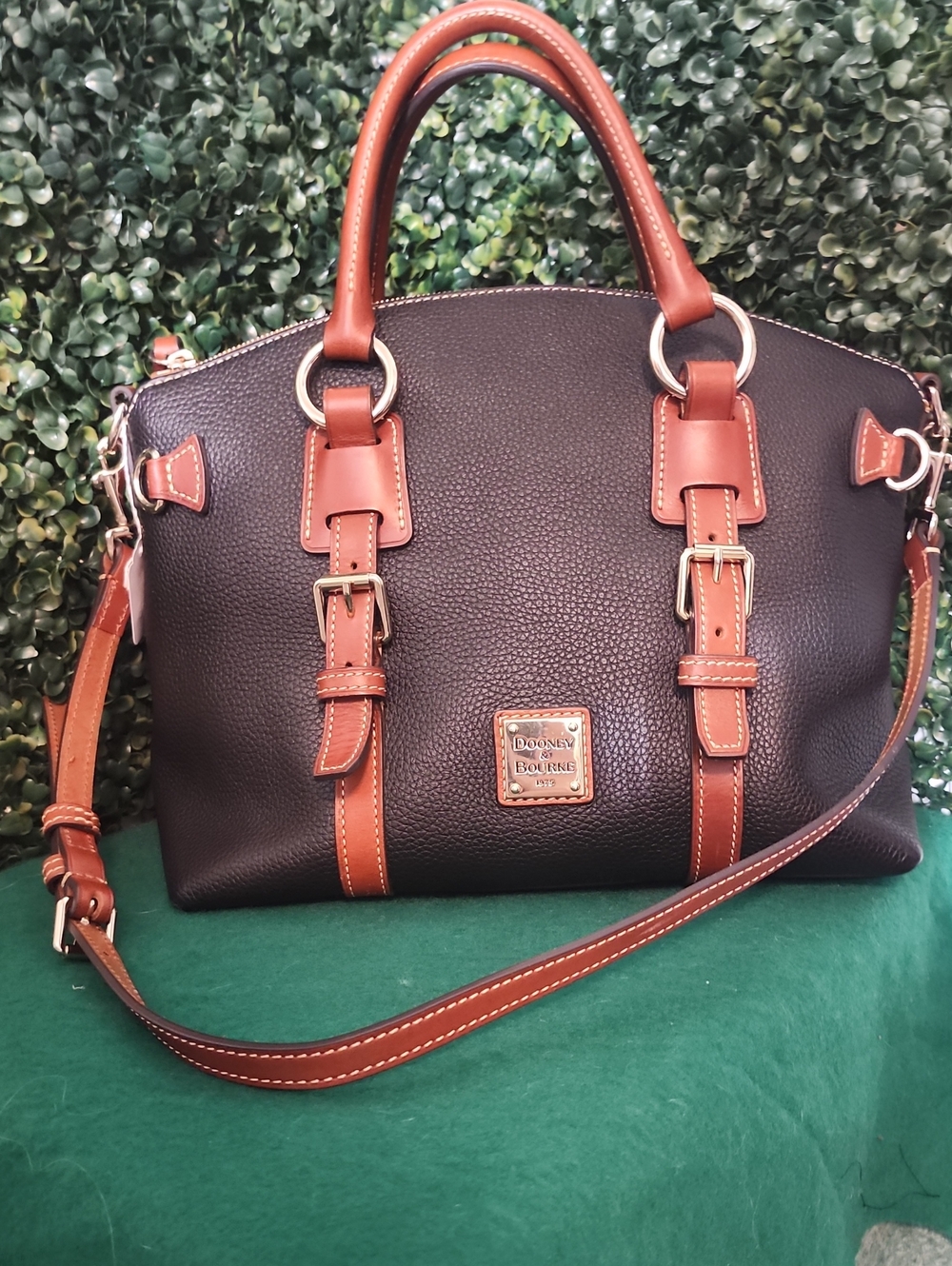 Dooney & Bourke Black Pebble Leather Satchel with Brown Trim